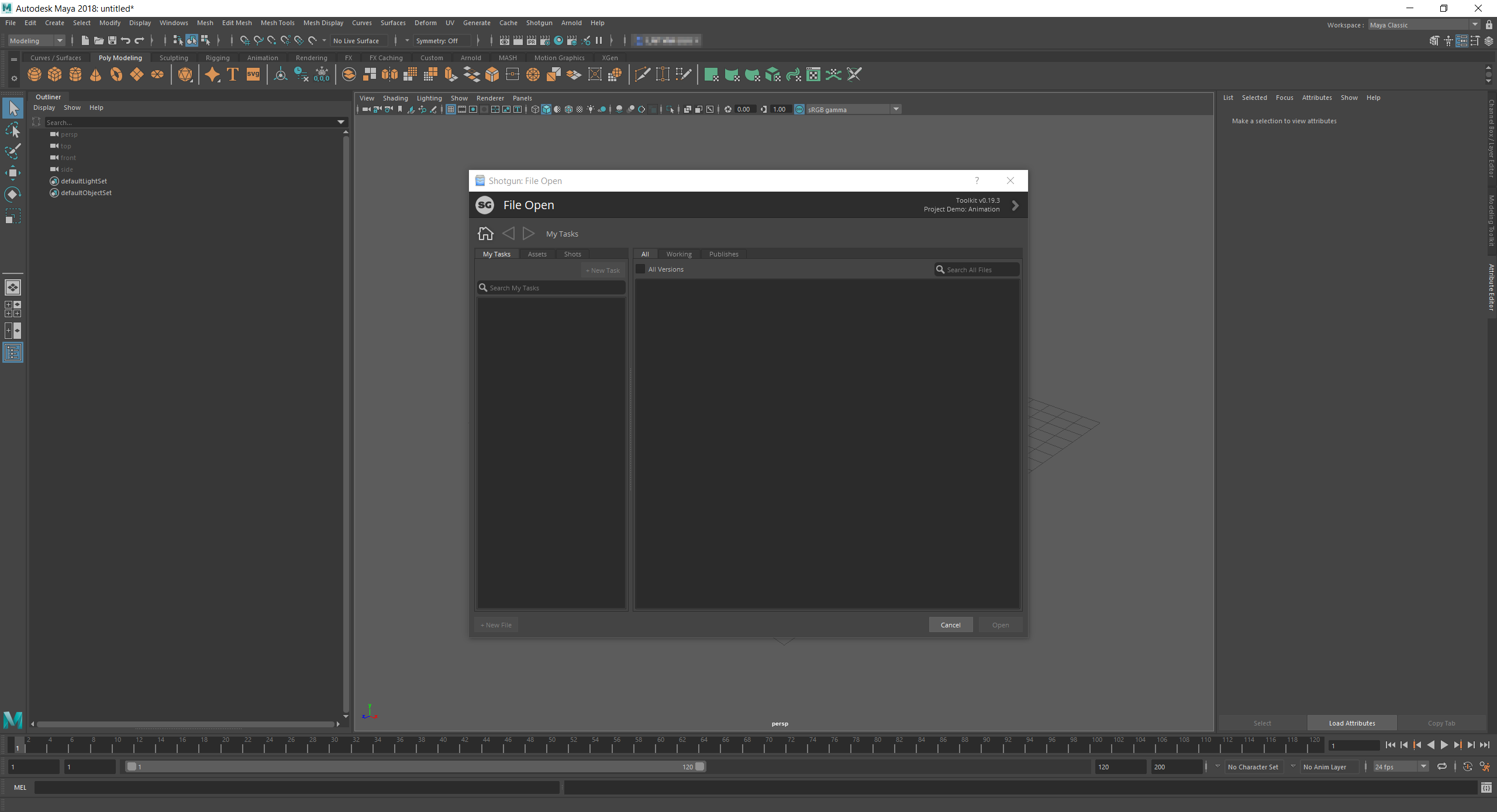 Maya with Shotgun File Open dialog.