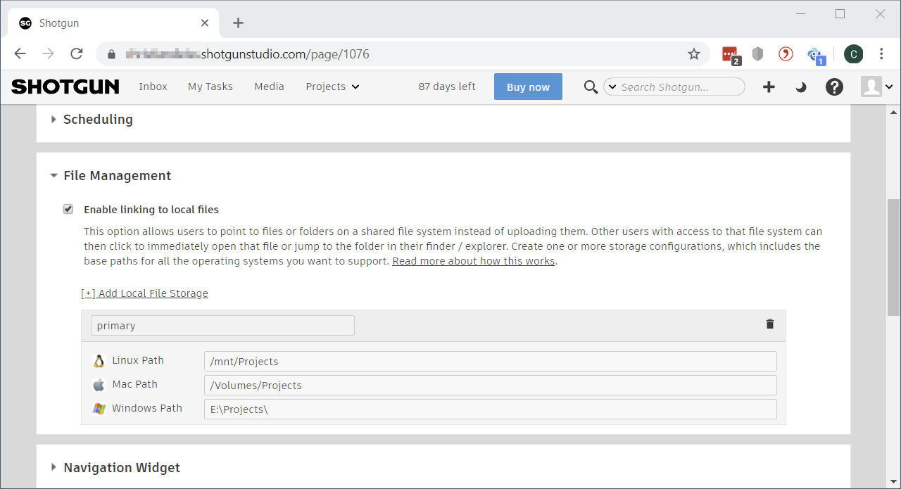 File Management section in Site Preferences to define local file storage.