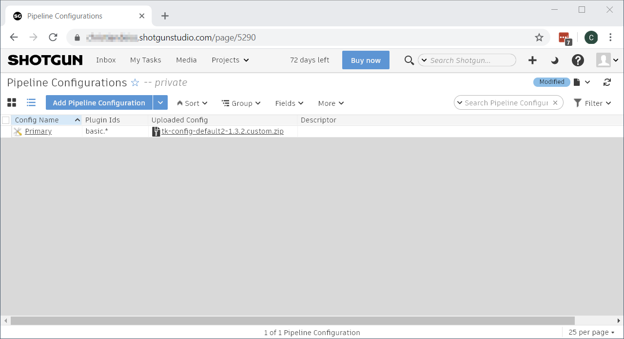 Shotgun page listing all pipeline configurations, with an entry.